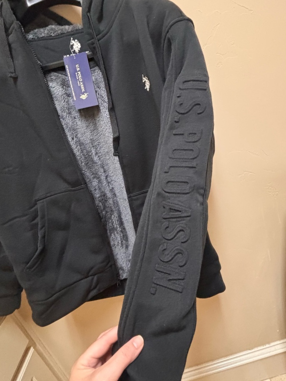 New with tag U.S. Polo. Black Hoodie jacket with Gray Fur Lining